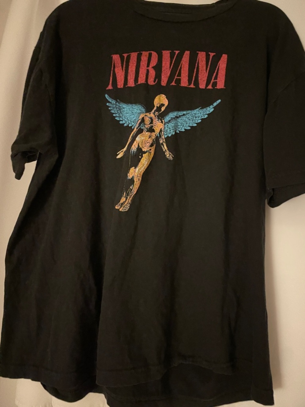 Hot Topic Black Nirvana Tee with Red Logo and Blue Wings